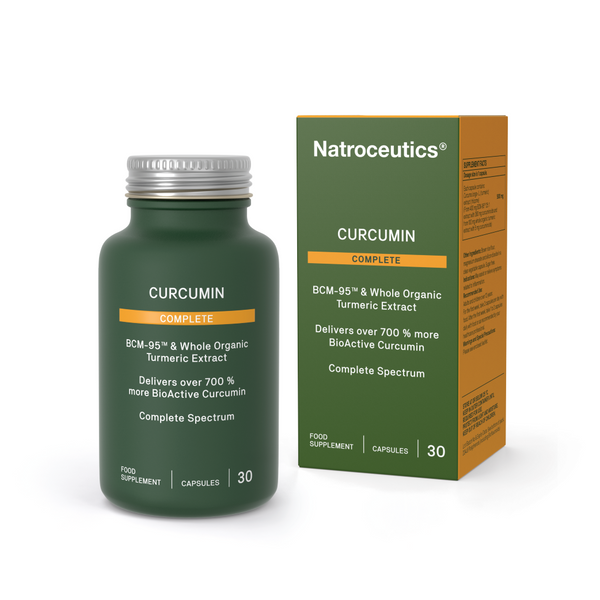Curcumin supplement UK - Natroceutics Curcumin Complete supplement for joint and menopause support - bottle and external box on a white background 