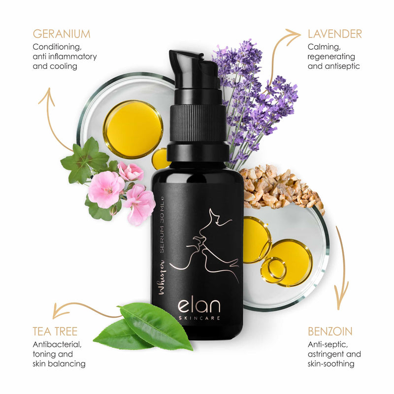 Whisper Organic Face Oil from Elan Skincare with key ingredients in the background. Geranium, lavender, tea tree, benzoin. Highlighting the wellbeing benefits of essential oils.