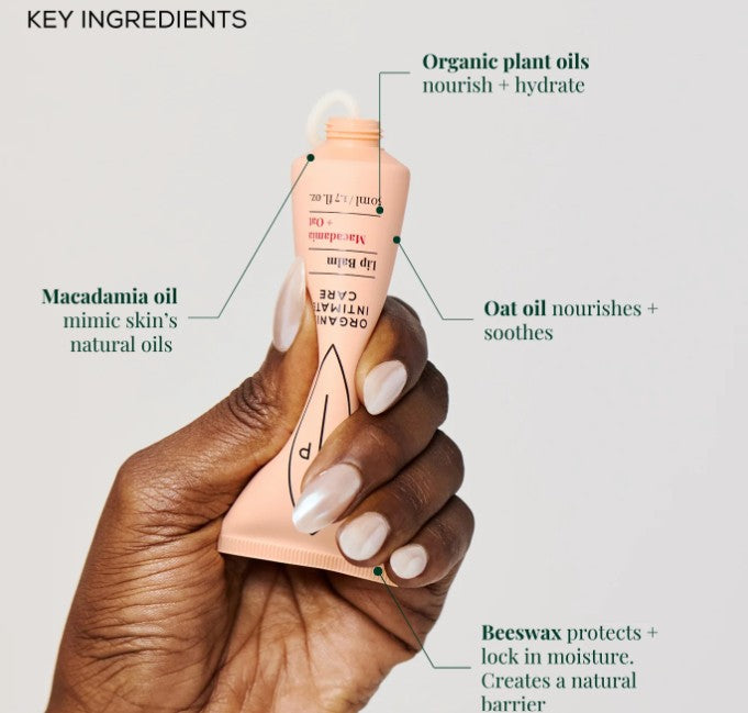 Hand holding a skincare product with labeled key ingredients on a white background. Vulvar moisturisers.