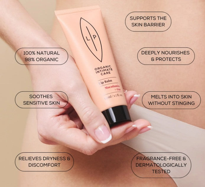  Hand holding a tube of organic intimate care lip balm with text highlighting its benefits. Vulvar moisturisers relieve dryness & discomfort. Vaginal Dryness Cream.
