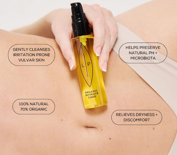 Hand holding a bottle labeled 'L.P.' over skin with product features text  
overlay. Organic Intimate Care. Gently cleanses irritation prone vulvar skin.