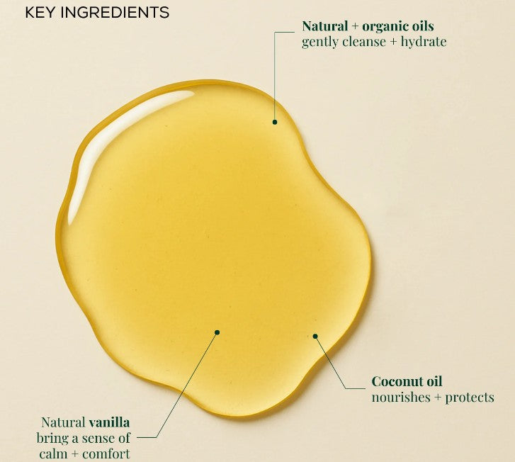 A drop of vulva cleansing oil. Ingredients list. 