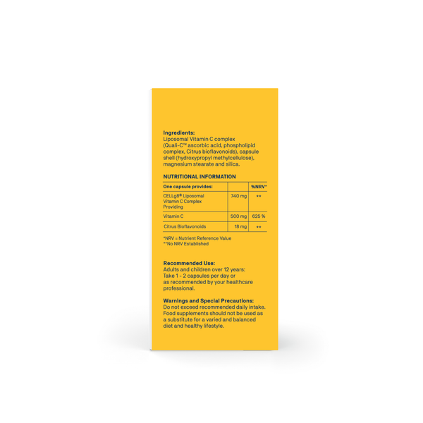 Yellow supplement package of Liposomal Vitamin C with nutritional information on a white background