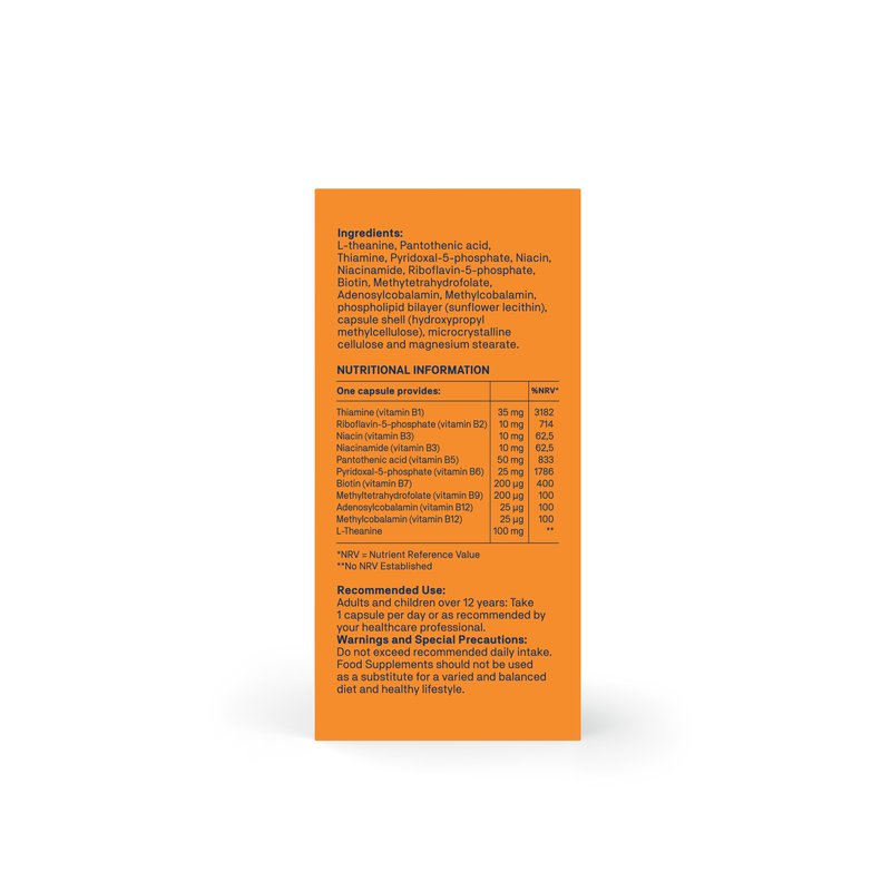 Methylated B-complex vitamins with L-Theanine – Natroceutics back of the product box with ingredients and nutritional info