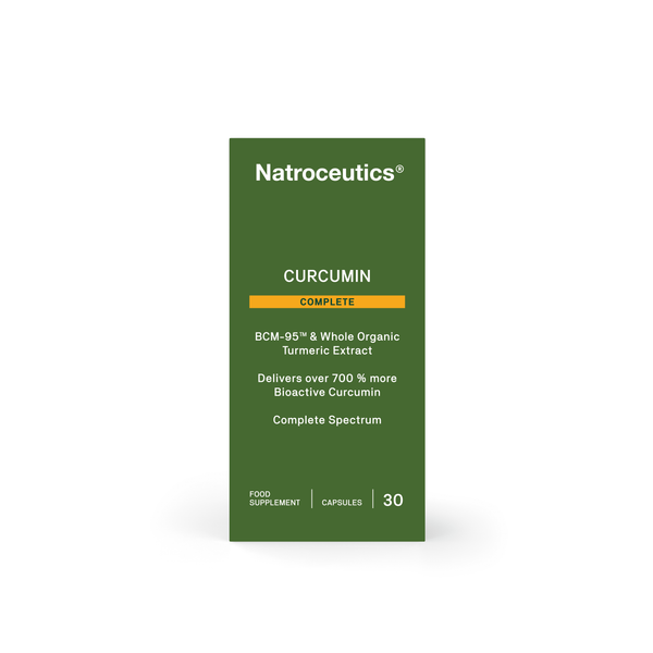 Curcumin supplement UK - Natroceutics Curcumin Complete supplement for joint and menopause support - front of the external box on a white background  - BCM-95 & Whole Organic Turmeric - 30 capsules