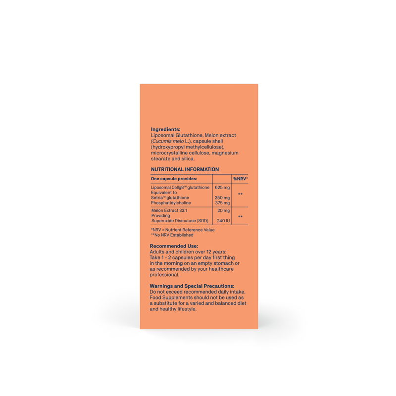 Orange supplement package with nutritional information on a white background. Natroceutics Glutathione Supplement UK with SOD & Liposomal Setria, external box.
