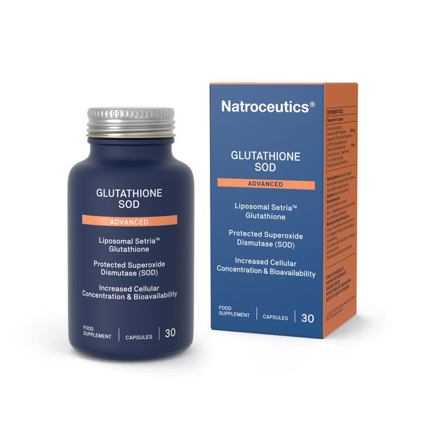 Natroceutics Glutathione Supplement UK with SOD & Liposomal Setria, external box  with a blue glass product bottle on a white background