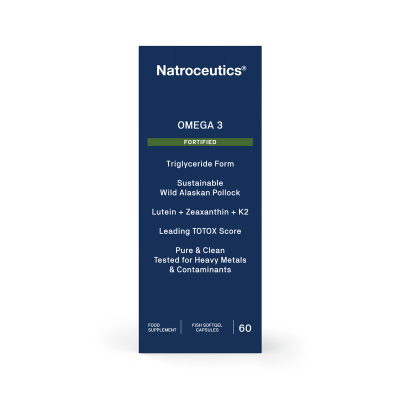 Natroceutics Omega 3 Fortified Supplement  with Lutein + Zeaxanthin + K2 - packaging -o n a white background