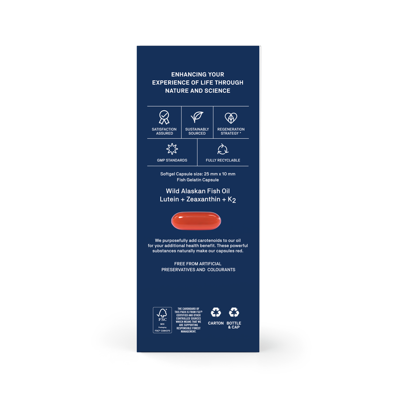 High-strength Omega-3 for women in menopause with Lutein + Zeaxanthin + K2. Back page of the external box of Natroceutics Omega-3 Supplement.