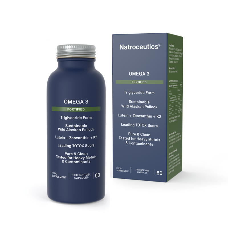 Omega supplement for menopause, Natroceutics - bottle and packaging on a white background