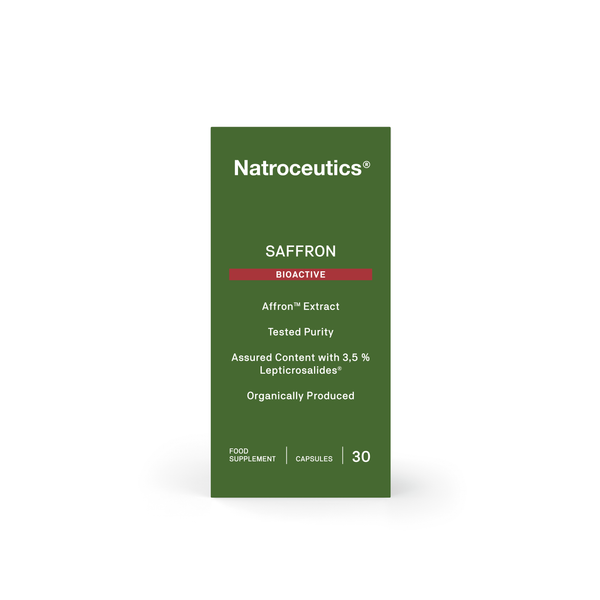 Saffron supplement  UK - Natroceutics Bioactive Saffron with Affron Extract  for mood, PMS, and menopause support - front of the external box on a white background