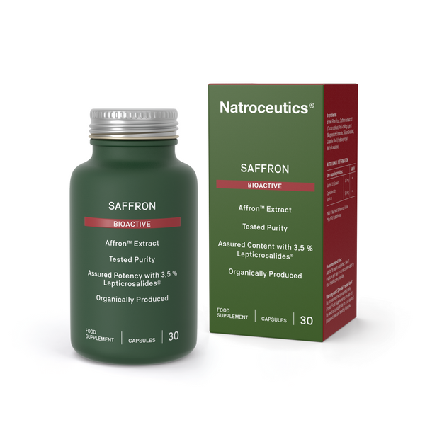 Saffron supplement  UK - Natroceutics Bioactive Saffron with Affron Extract  for mood, PMS, and menopause support - bottle and external box on a white background