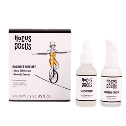 A set of two face serums for rosacea, acne-prone and sensitive skin from Hocus Pocus brand showing two bottles and external packaging