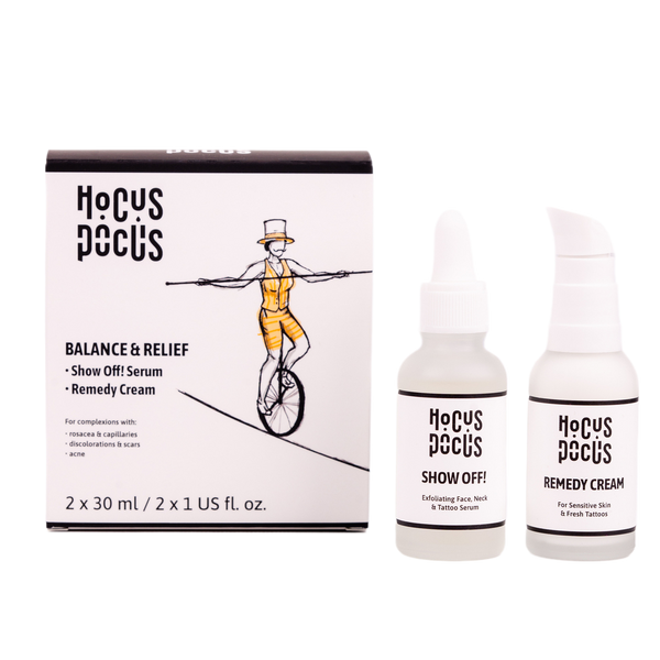 A set of two face serums for rosacea, acne-prone and sensitive skin from Hocus Pocus brand showing two bottles and external packaging
