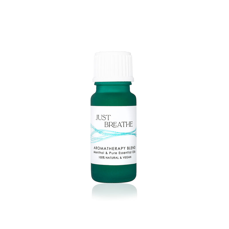Natural Decongestant -  Just Breathe Aromatherapy Blend to revive your senses, relieve congestion, and clarify the mind. Essential oils blend with menthol in 10 ml green bottle from Elan Skincare.