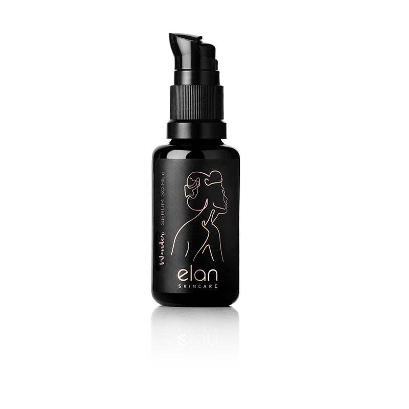 Antioxidant face serum from Elan Skincare picture. Vegan & natural skincare. Beautiful face picture on the label. Beauty brand logo.